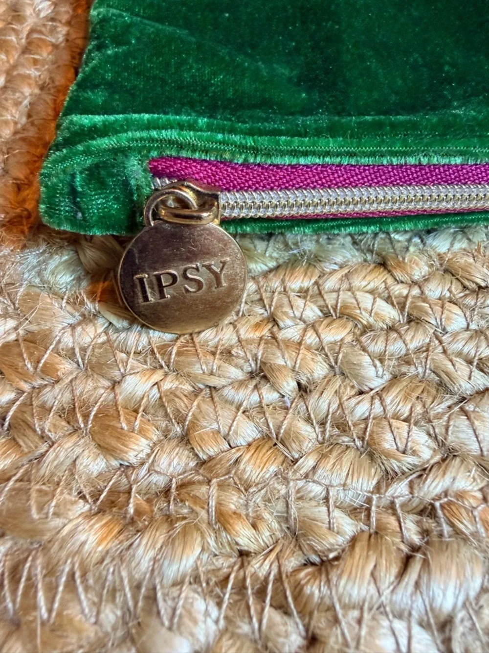 ipsy Green Velvet Makeup Pouch with Gold Charm and Maroon interior